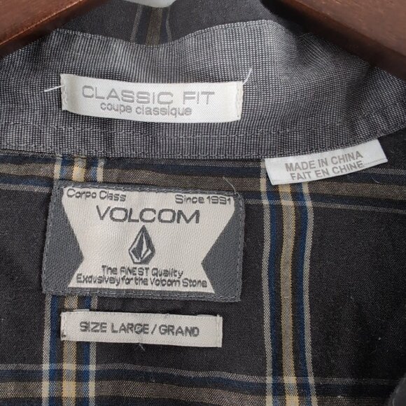 Volcom Men's Gray/Blue/Yellow Button Up Shirt Long Sleeve Box Checker, Large - Picture 3 of 7